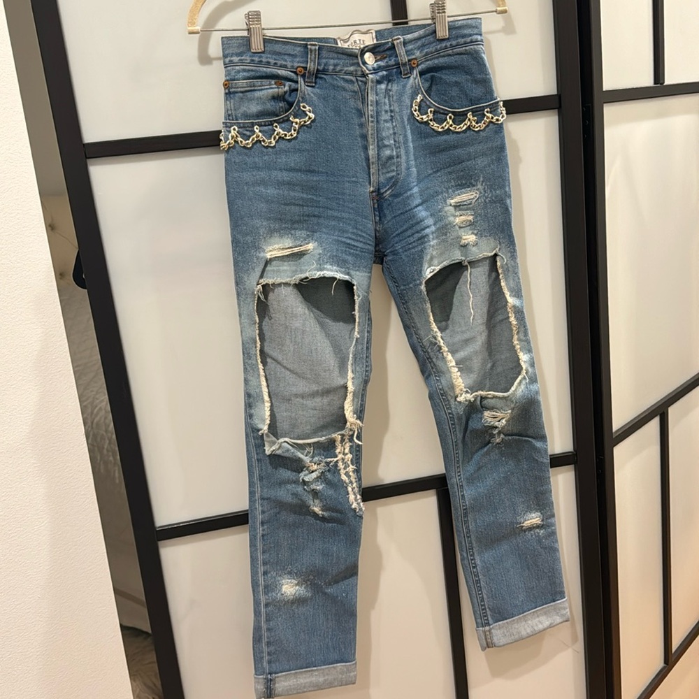 Unique high-rise distressed jeans from Forte Couture, size 26.